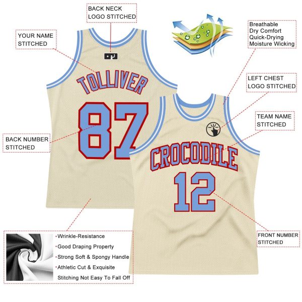 Cream Light Blue-Red Authentic Throwback Personalized Basketball Jersey - Image 2