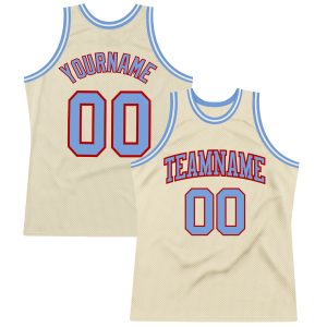 Cream Light Blue-Red Authentic Throwback Personalized Basketball Jersey