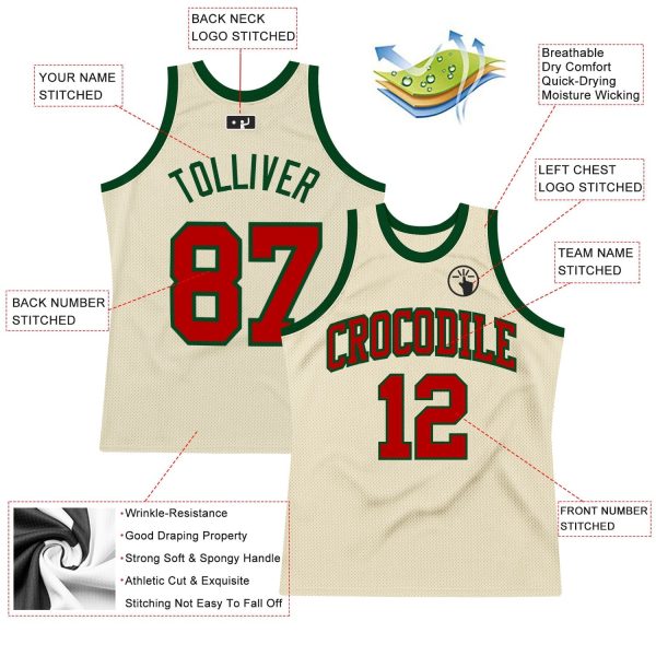 Cream Red-Green Authentic Throwback Personalized Basketball Jersey - Image 2