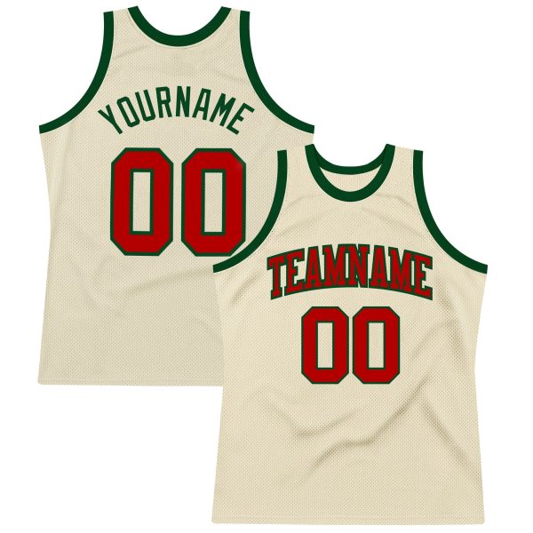 Cream Red-Green Authentic Throwback Personalized Basketball Jersey