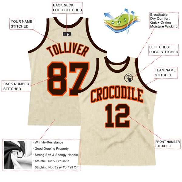 Cream Brown-Orange Authentic Throwback Personalized Basketball Jersey - Image 2