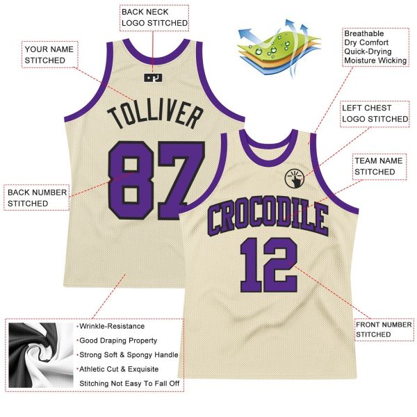 Cream Purple-Black Authentic Throwback Personalized Basketball Jersey - Image 2