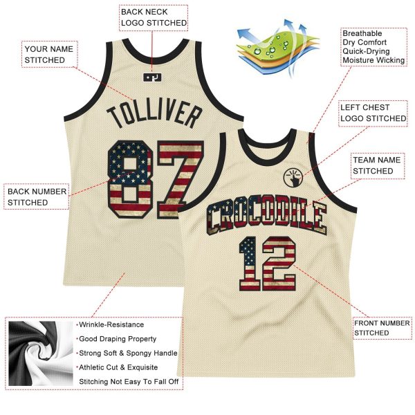 Cream Vintage USA Flag-Black Authentic Throwback Personalized Basketball Jersey - Image 2