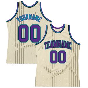 Cream Black Pinstripe Purple-Teal Authentic Personalized Basketball Jersey