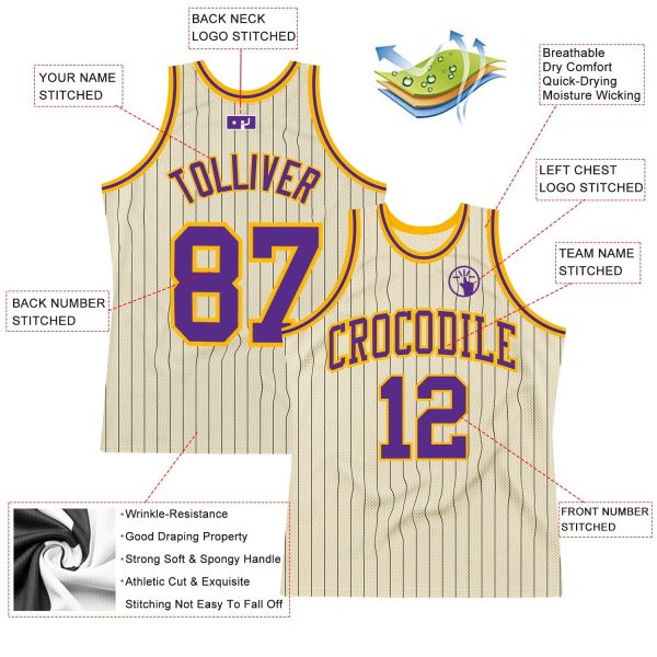 Cream Black Pinstripe Purple-Gold Authentic Personalized Basketball Jersey - Image 2