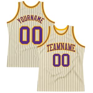 Cream Black Pinstripe Purple-Gold Authentic Personalized Basketball Jersey