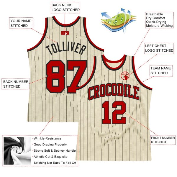 Cream Black Pinstripe Red Authentic CustomBasketball Jersey - Image 2