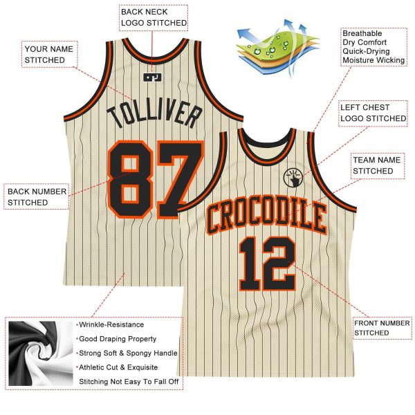 Cream Black Pinstripe Black-Orange Authentic Personalized Basketball Jersey - Image 2
