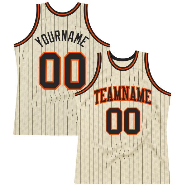 Cream Black Pinstripe Black-Orange Authentic Personalized Basketball Jersey