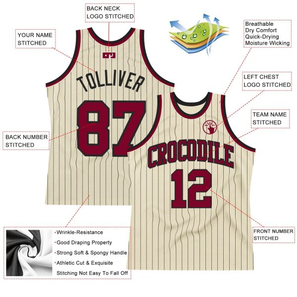 Cream Black Pinstripe Maroon Authentic Personalized Basketball Jersey - Image 2