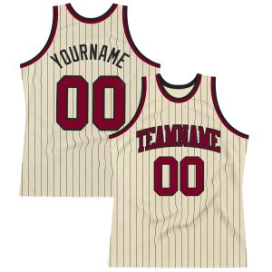 Cream Black Pinstripe Maroon Authentic Personalized Basketball Jersey