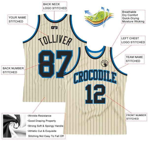 Cream Black Pinstripe Black-Blue Authentic Personalized Basketball Jersey - Image 2