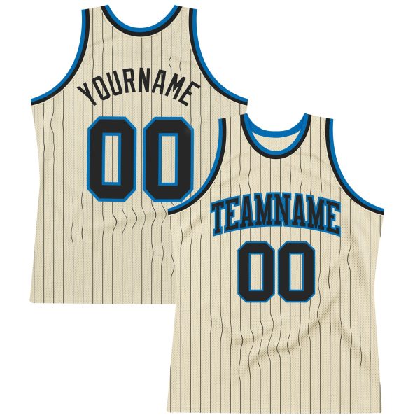 Cream Black Pinstripe Black-Blue Authentic Personalized Basketball Jersey