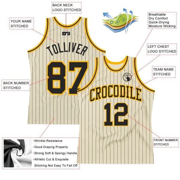Cream Black Pinstripe Black-Gold Authentic Personalized Basketball Jersey - Image 2