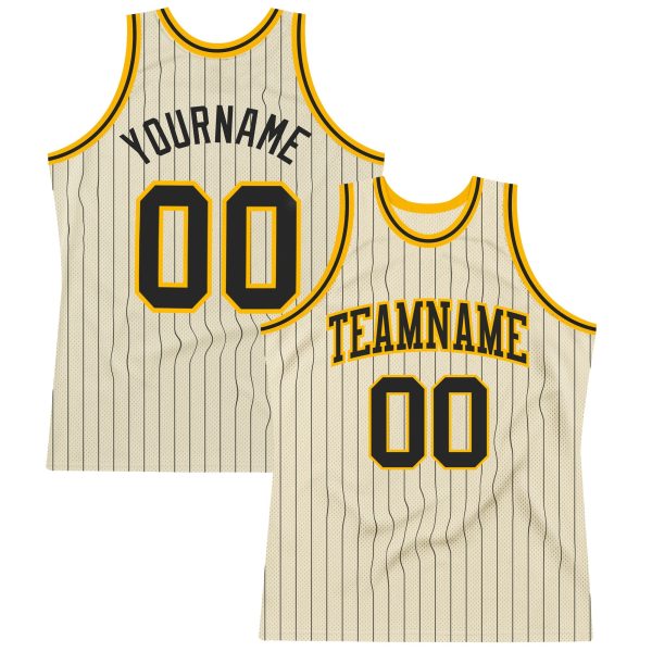 Cream Black Pinstripe Black-Gold Authentic Personalized Basketball Jersey