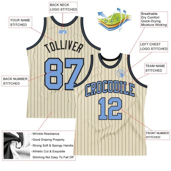 Cream Black Pinstripe Blue Authentic Personalized Basketball Jersey - Image 2