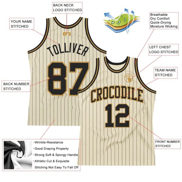 Cream Black Pinstripe Black-Old Gold Authentic Personalized Basketball Jersey - Image 2