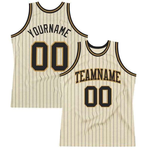 Cream Black Pinstripe Black-Old Gold Authentic Personalized Basketball Jersey