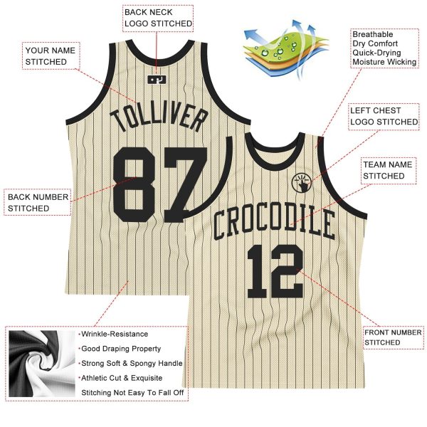 Cream Black Pinstripe Black Authentic Personalized Basketball Jersey - Image 2