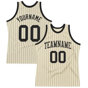 Cream Black Pinstripe Black Authentic Personalized Basketball Jersey