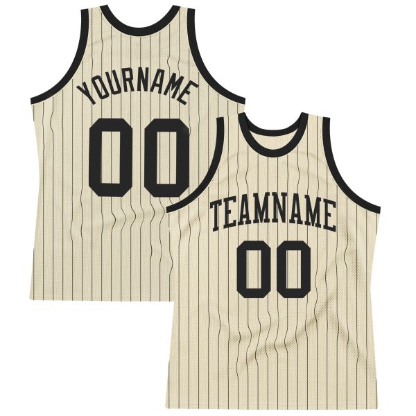 Cream Black Pinstripe Black Authentic Personalized Basketball Jersey