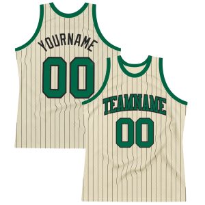 Cream Black Pinstripe Kelly Green Authentic Personalized Basketball Jersey