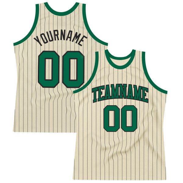 Cream Black Pinstripe Kelly Green Authentic Personalized Basketball Jersey