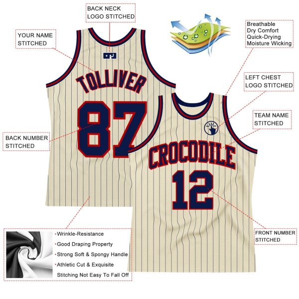 Cream Navy Pinstripe Navy-Red Authentic Personalized Basketball Jersey - Image 2