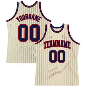 Cream Navy Pinstripe Navy-Red Authentic Personalized Basketball Jersey