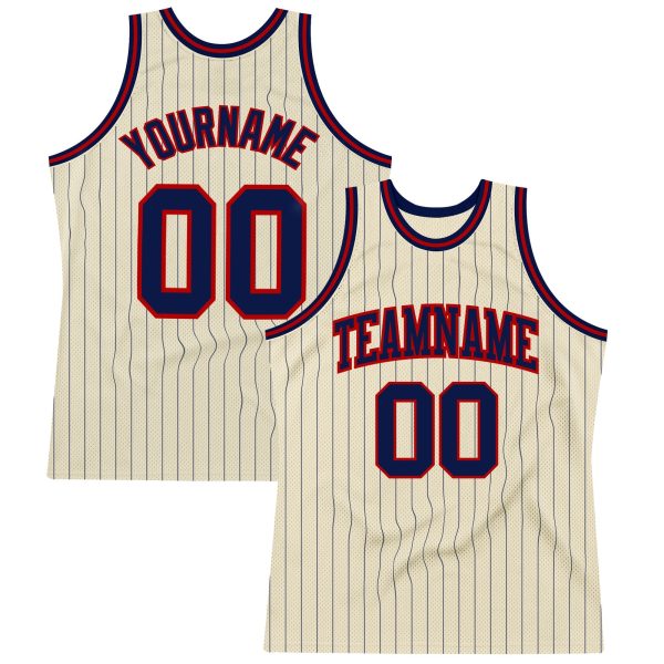 Cream Navy Pinstripe Navy-Red Authentic Personalized Basketball Jersey