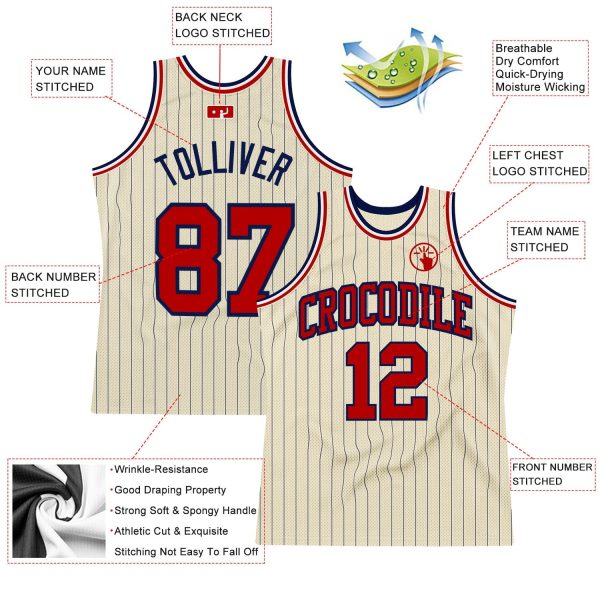 Cream Navy Pinstripe Red Authentic Personalized Basketball Jersey - Image 2