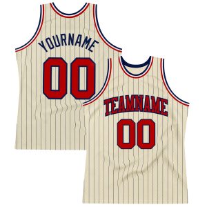 Cream Navy Pinstripe Red Authentic Personalized Basketball Jersey