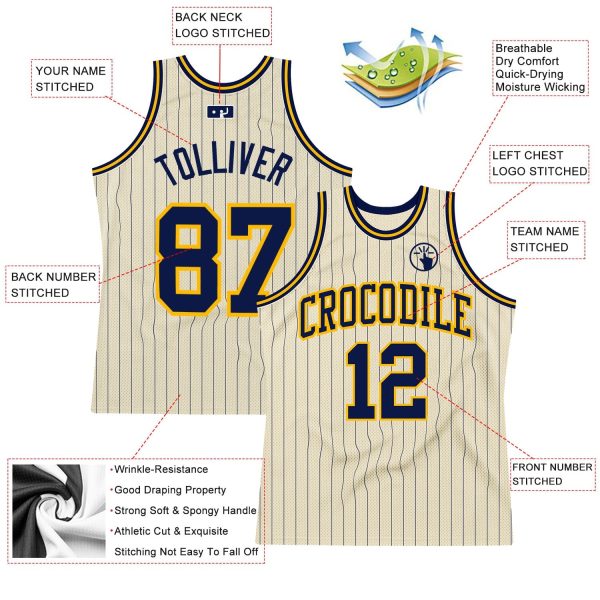 Cream Navy Pinstripe Navy-Gold Authentic Personalized Basketball Jersey - Image 2