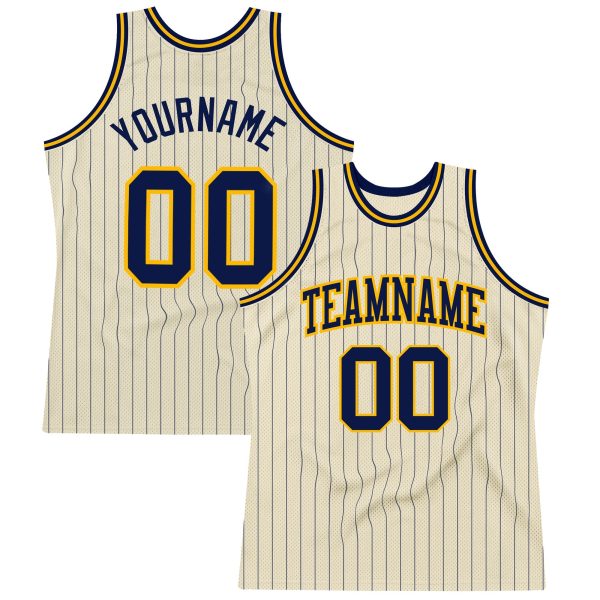 Cream Navy Pinstripe Navy-Gold Authentic Personalized Basketball Jersey