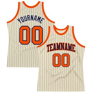 Cream Navy Pinstripe Orange Authentic Personalized Basketball Jersey