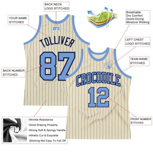 Cream Navy Pinstripe Light Blue Authentic Personalized Basketball Jersey - Image 2