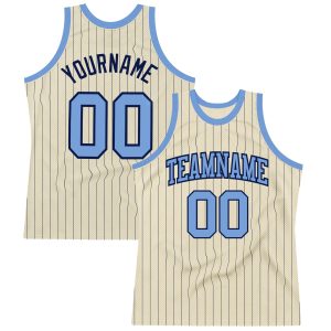 Cream Navy Pinstripe Light Blue Authentic Personalized Basketball Jersey