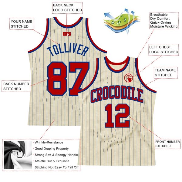 Cream Royal Pinstripe Red Authentic Personalized Basketball Jersey - Image 2