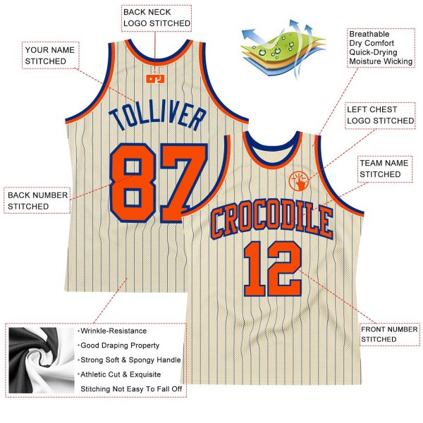 Cream Royal Pinstripe Orange Authentic vBasketball Jersey - Image 2