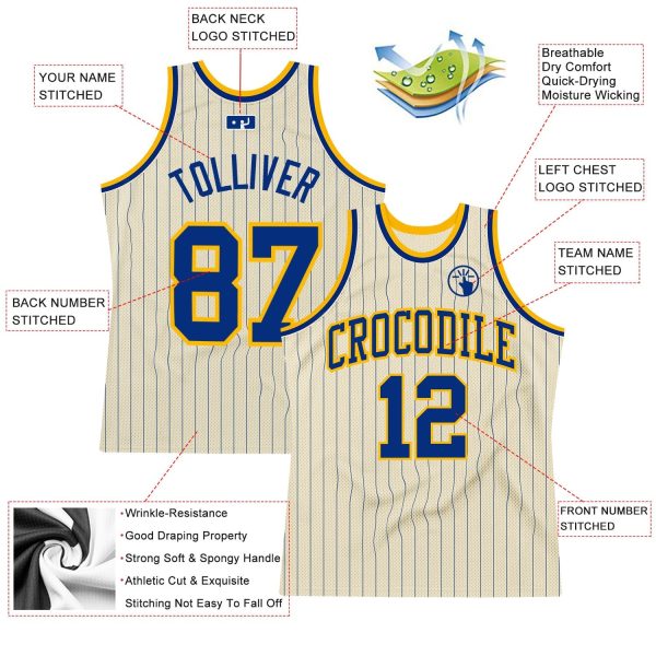 Cream Royal Pinstripe Royal-Gold Authentic Personalized Basketball Jersey - Image 2