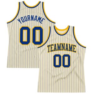 Cream Royal Pinstripe Royal-Gold Authentic Personalized Basketball Jersey