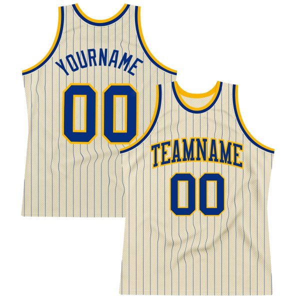 Cream Royal Pinstripe Royal-Gold Authentic Personalized Basketball Jersey