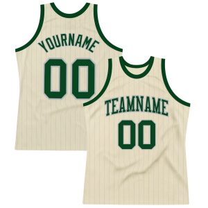 Cream Gray Pinstripe Green Authentic Personalized Basketball Jersey