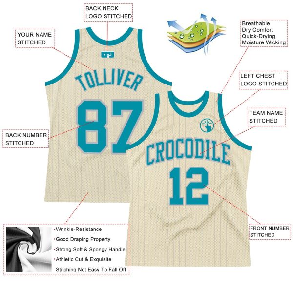 Cream Gray Pinstripe Teal Authentic Personalized Basketball Jersey - Image 2