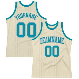 Cream Gray Pinstripe Teal Authentic Personalized Basketball Jersey