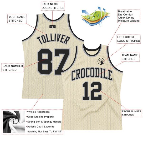 Cream Gray Pinstripe Black Authentic Personalized Basketball Jersey - Image 2