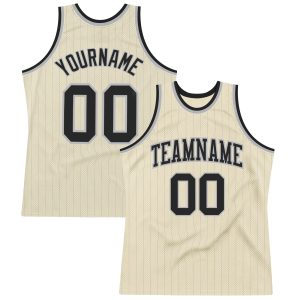 Cream Gray Pinstripe Black Authentic Personalized Basketball Jersey