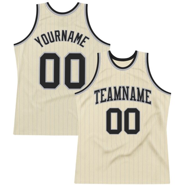 Cream Gray Pinstripe Black Authentic Personalized Basketball Jersey