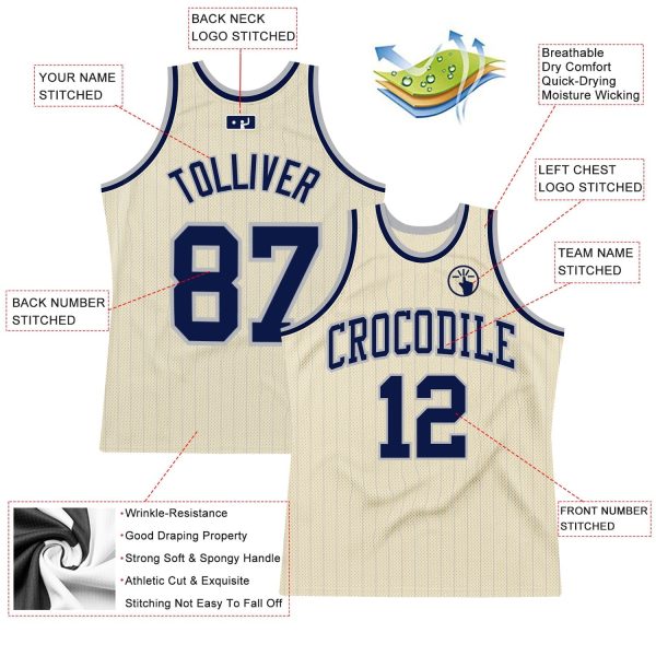 Cream Gray Pinstripe Navy Authentic Personalized Basketball Jersey - Image 2