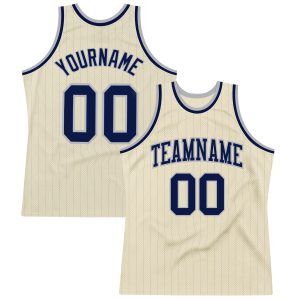 Cream Gray Pinstripe Navy Authentic Personalized Basketball Jersey